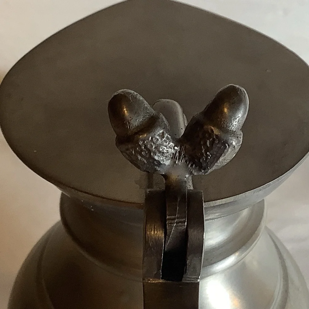 Vintage Italian Pewter 95% Syrup Pitcher With Handle and Lid Double Acorn 4.25